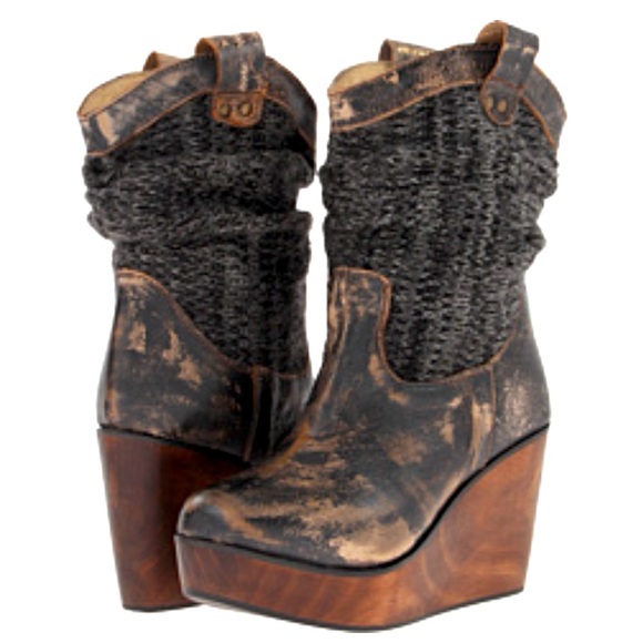 Bed Stu Shoes - Bed Stu Bruges Leather  Knit  Slouchy BohoWedge  Mid calf Women’s Boot Size 9.5